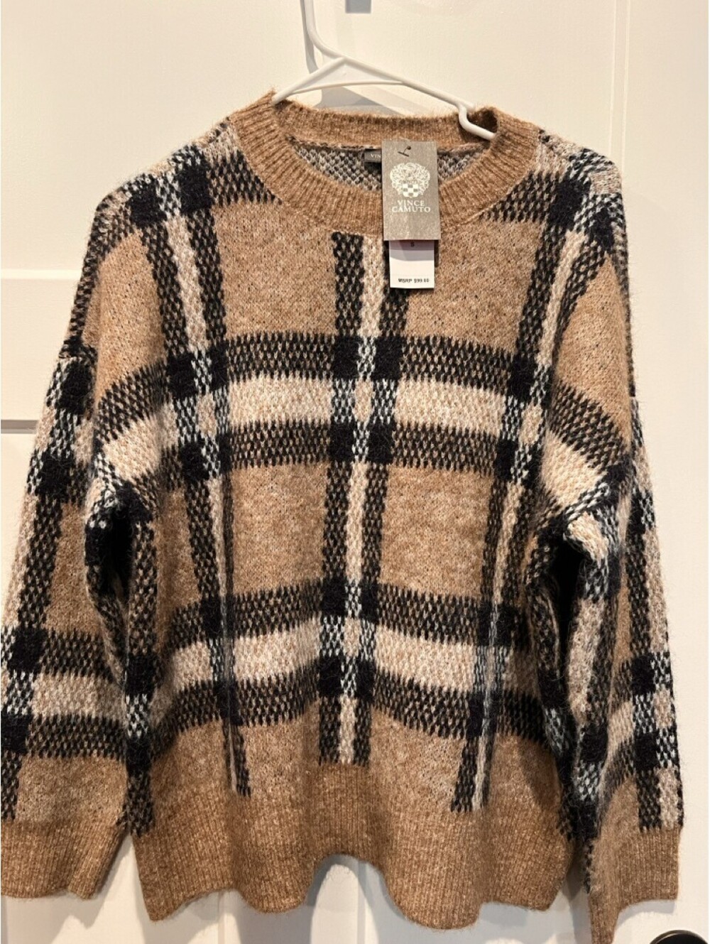 Vince Camuto Womens S Plaid Check Sweater Brown Black Cream NWT $99
